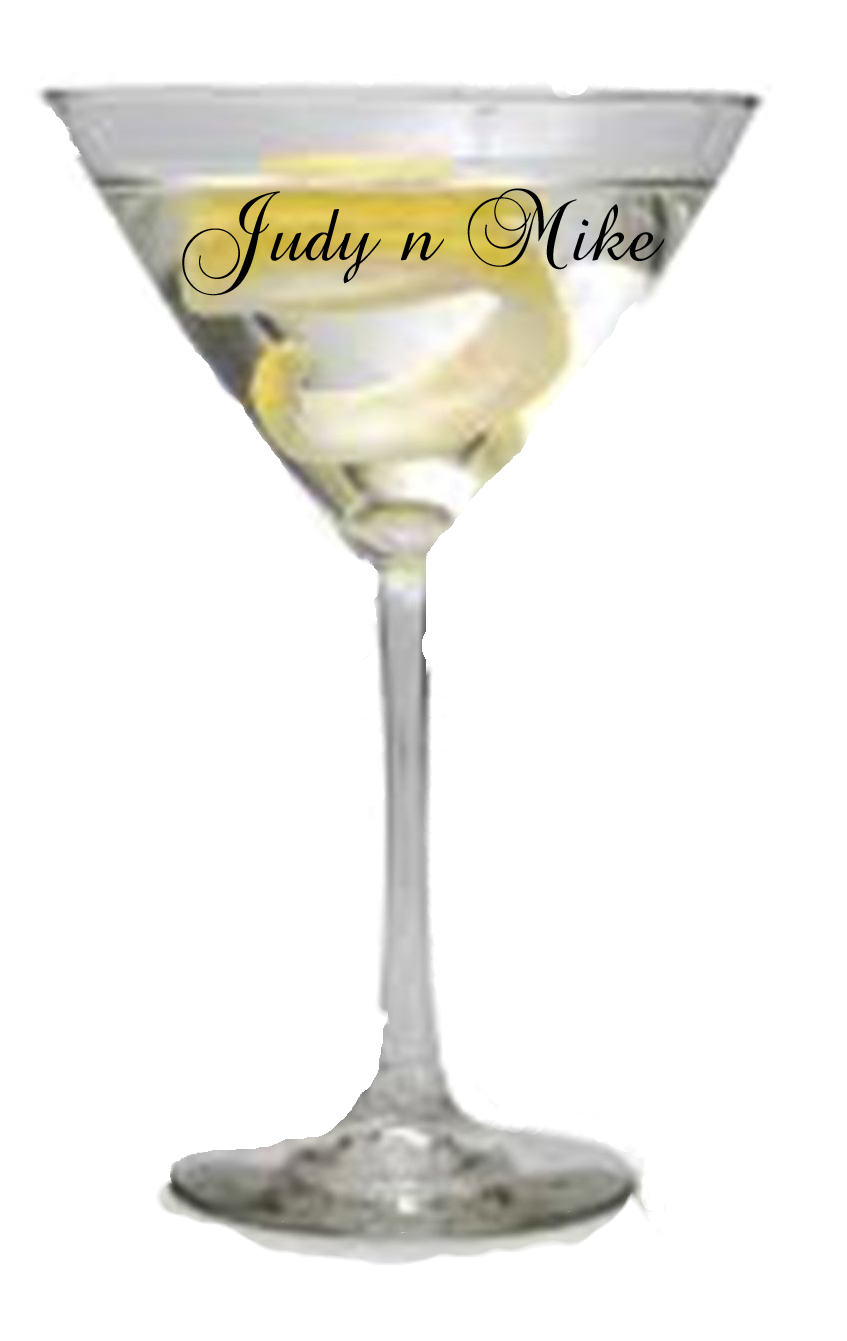 Martini glass with lemon twist, "Judy n Mike